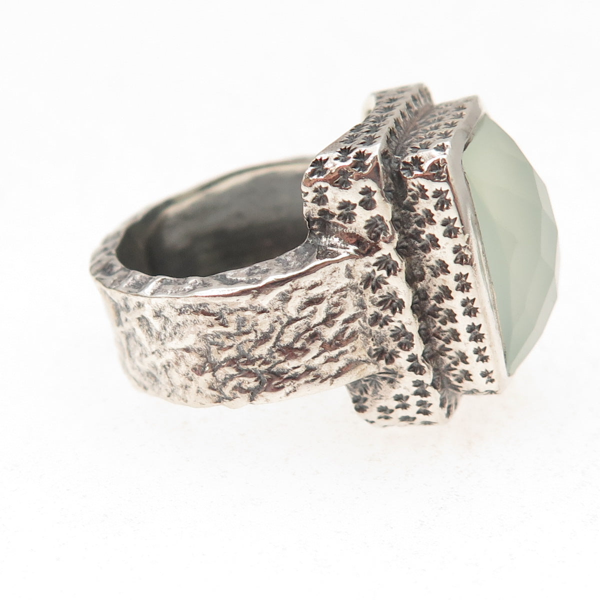 925 Sterling Silver Vintage Real Chalcedony Modernist Oxidized Ring Size 7.5