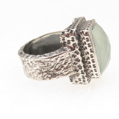 925 Sterling Silver Vintage Real Chalcedony Modernist Oxidized Ring Size 7.5