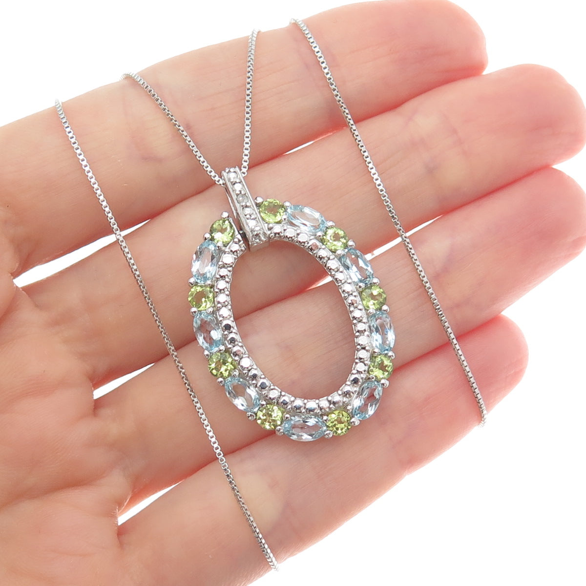 925 Sterling Silver Real Diamond Accent Topaz & Peridot Box Chain Necklace 18"