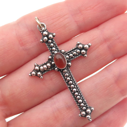 925 Sterling Silver Vintage Real Carnelian Beaded Cross Oxidized Charm Pendant