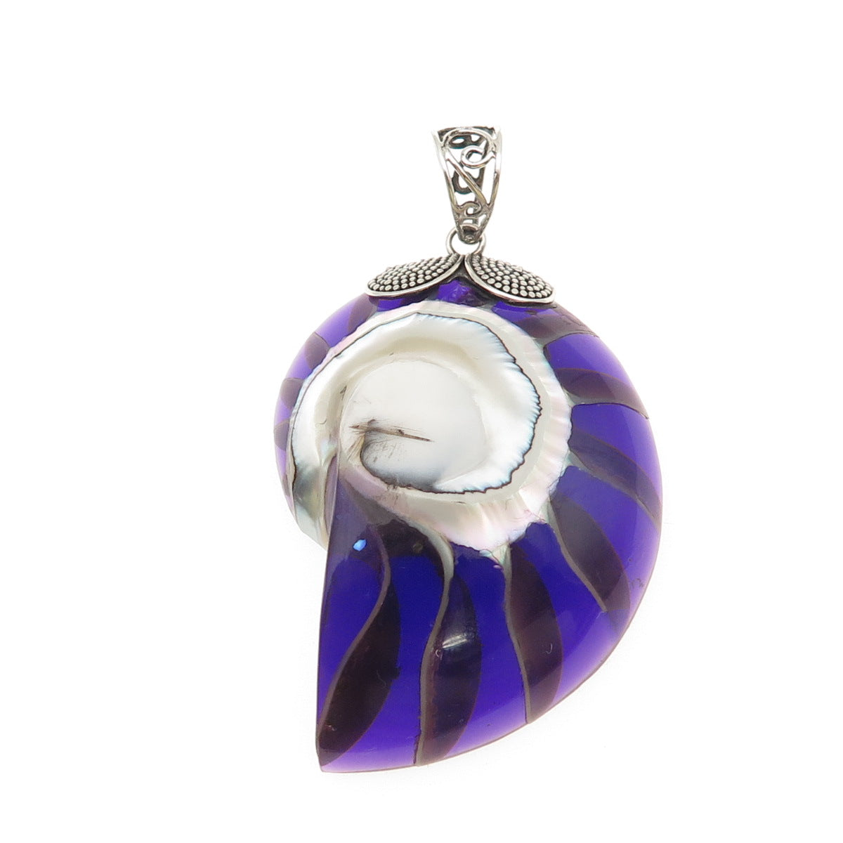 925 Sterling Silver Vintage Real Purple Nautilus Shell Modernist Pendant