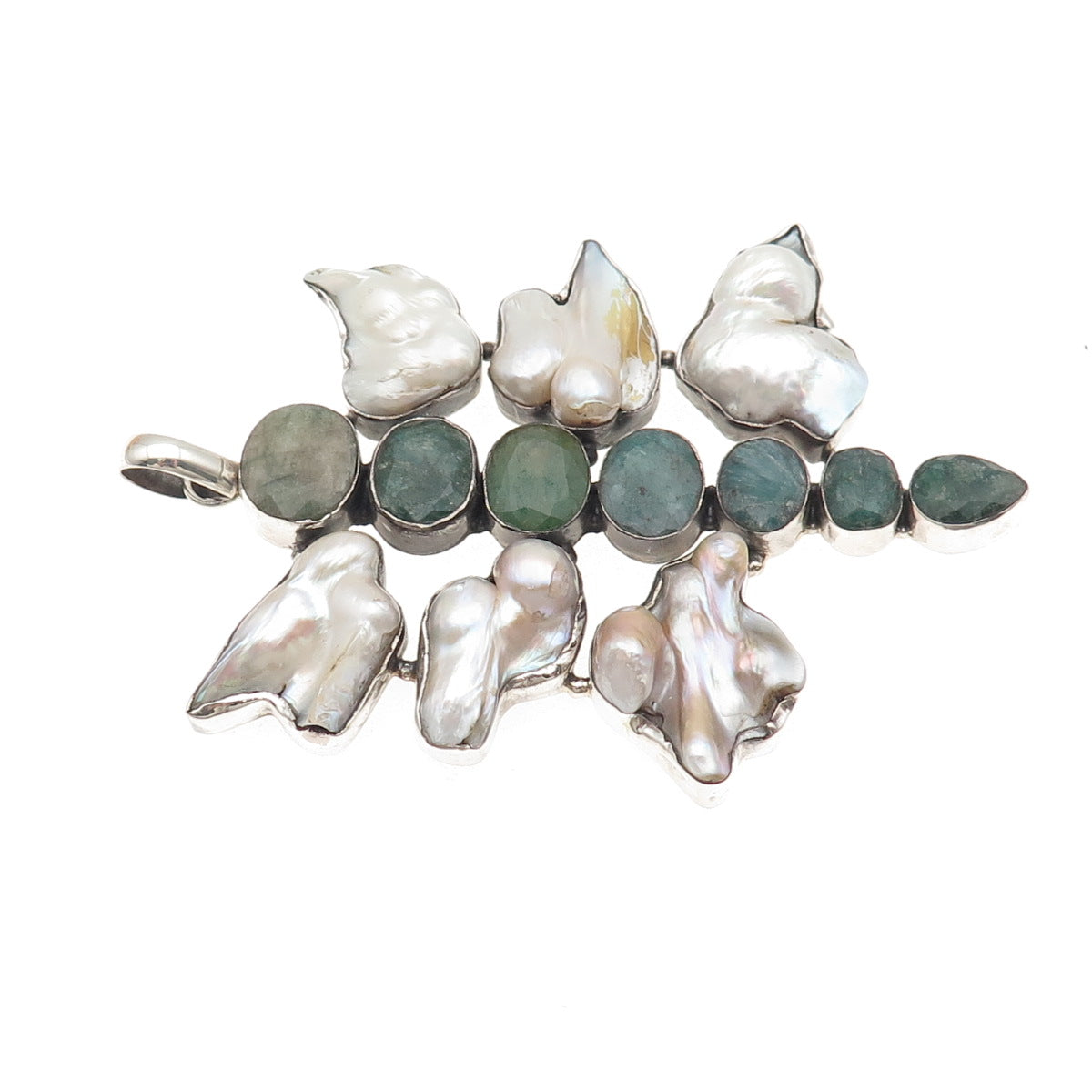925 Sterling Vintage Real Baroque Pearl & Emerald Modernist Large 55.8g Pendant