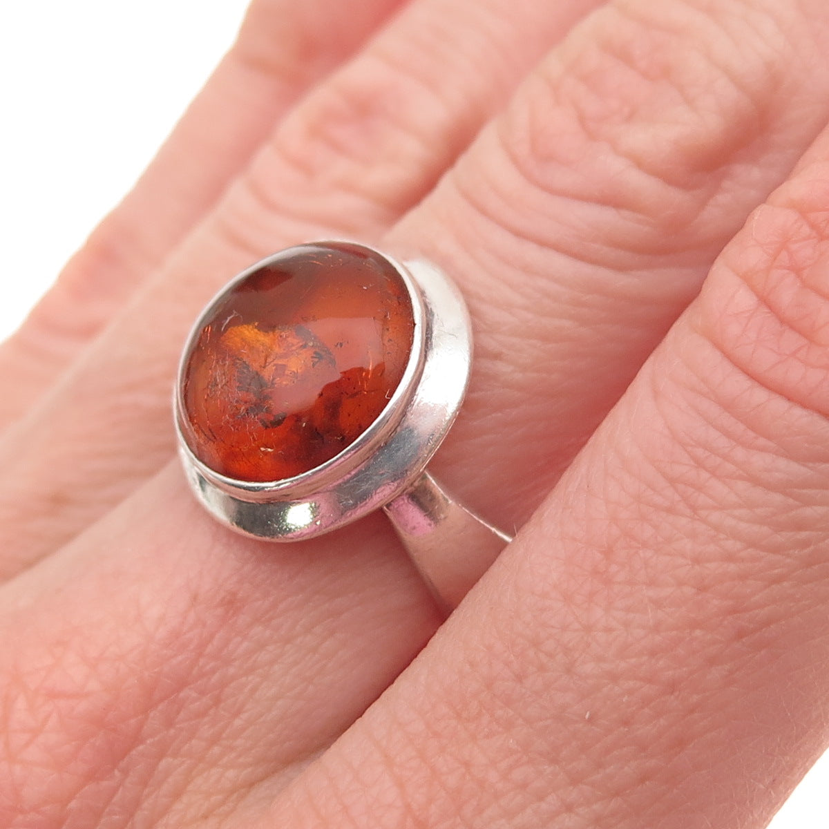 925 Sterling Silver Vintage Real Amber Modernist Oxidized Ring Size 6