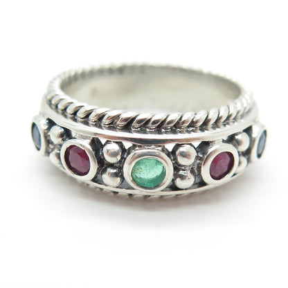 925 Sterling Silver Vintage Real Ruby Emerald Sapphire Gemstone Ring Size 8.25