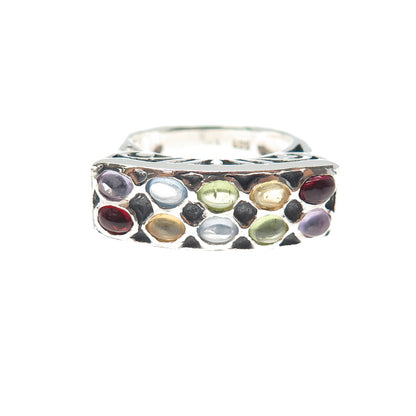 925 Sterling Silver Blue Topaz Citrine Peridot Garnet & Amethyst Ring Size 8.25