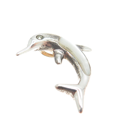 925 Sterling Silver Vintage Real Mother-of-Pearl Friendly Dolphin Slide Pendant