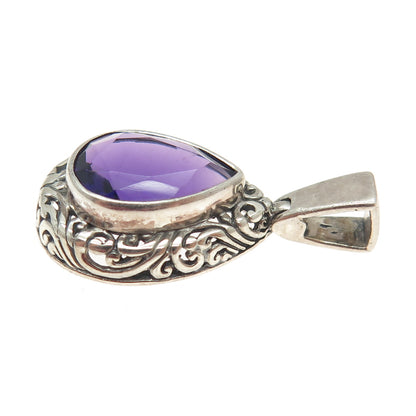 ATI 925 Sterling Silver Vintage Real Pear-Cut Amethyst Gem Swirl Ornate Pendant