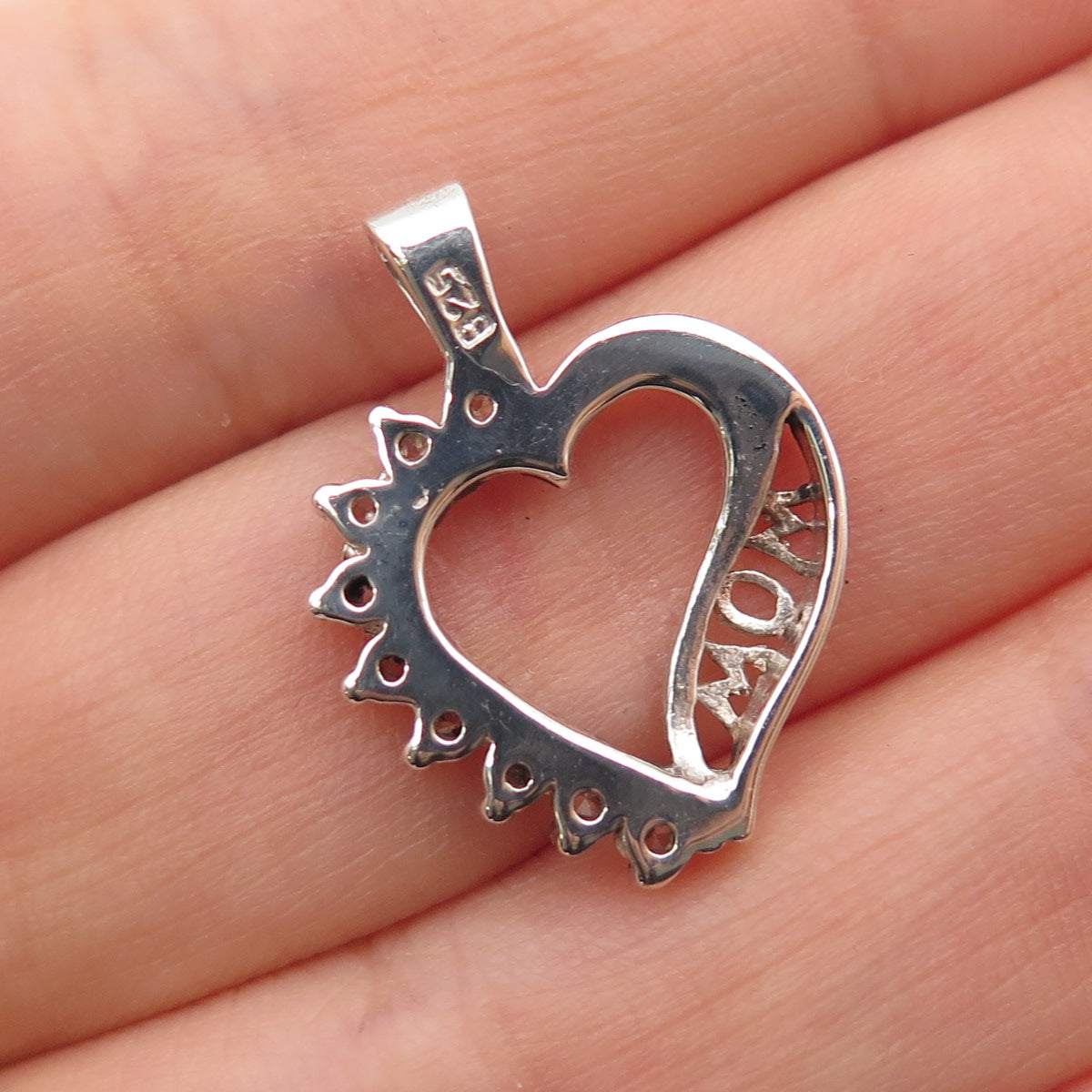 925 Sterling Silver Round-Cut C Z Mom Heart Mini Charm Pendant