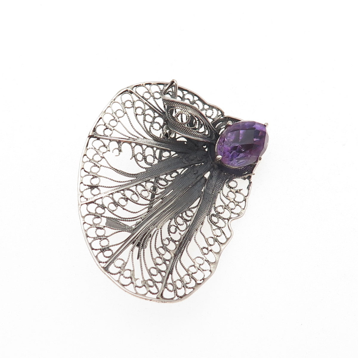 925 Sterling Silver Vintage Real Amethyst Floral Filigree Oxidized Pin Brooch