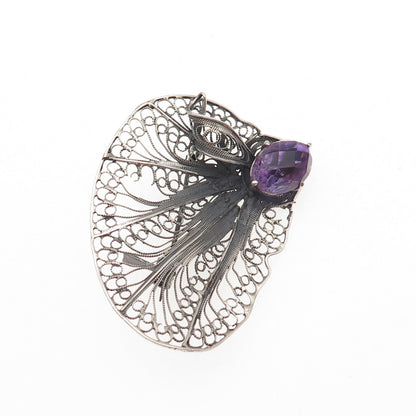 925 Sterling Silver Vintage Real Amethyst Floral Filigree Oxidized Pin Brooch