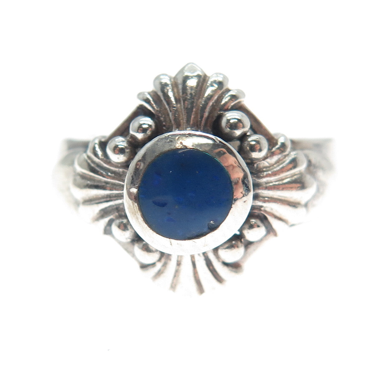HAN 925 Sterling Silver Vintage Real Lapis Lazuli Gem Cross Ribbed Ring Size 7.5