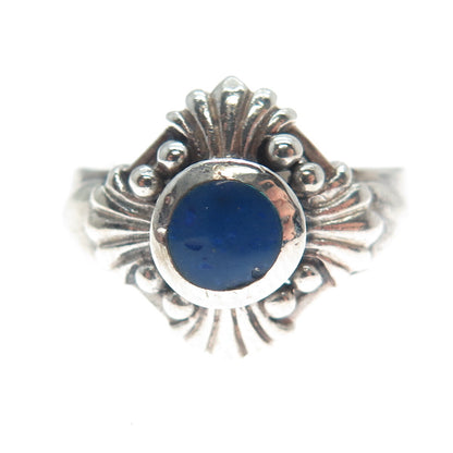 HAN 925 Sterling Silver Vintage Real Lapis Lazuli Gem Cross Ribbed Ring Size 7.5