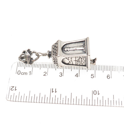 925 Sterling Vintage Lighthouse & Stork Bell 1791 Oxidized 3D Charm Pendant