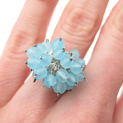 925 Sterling Silver Vintage Real Blue Sky Quartz Dangle Beads Ring Size 5