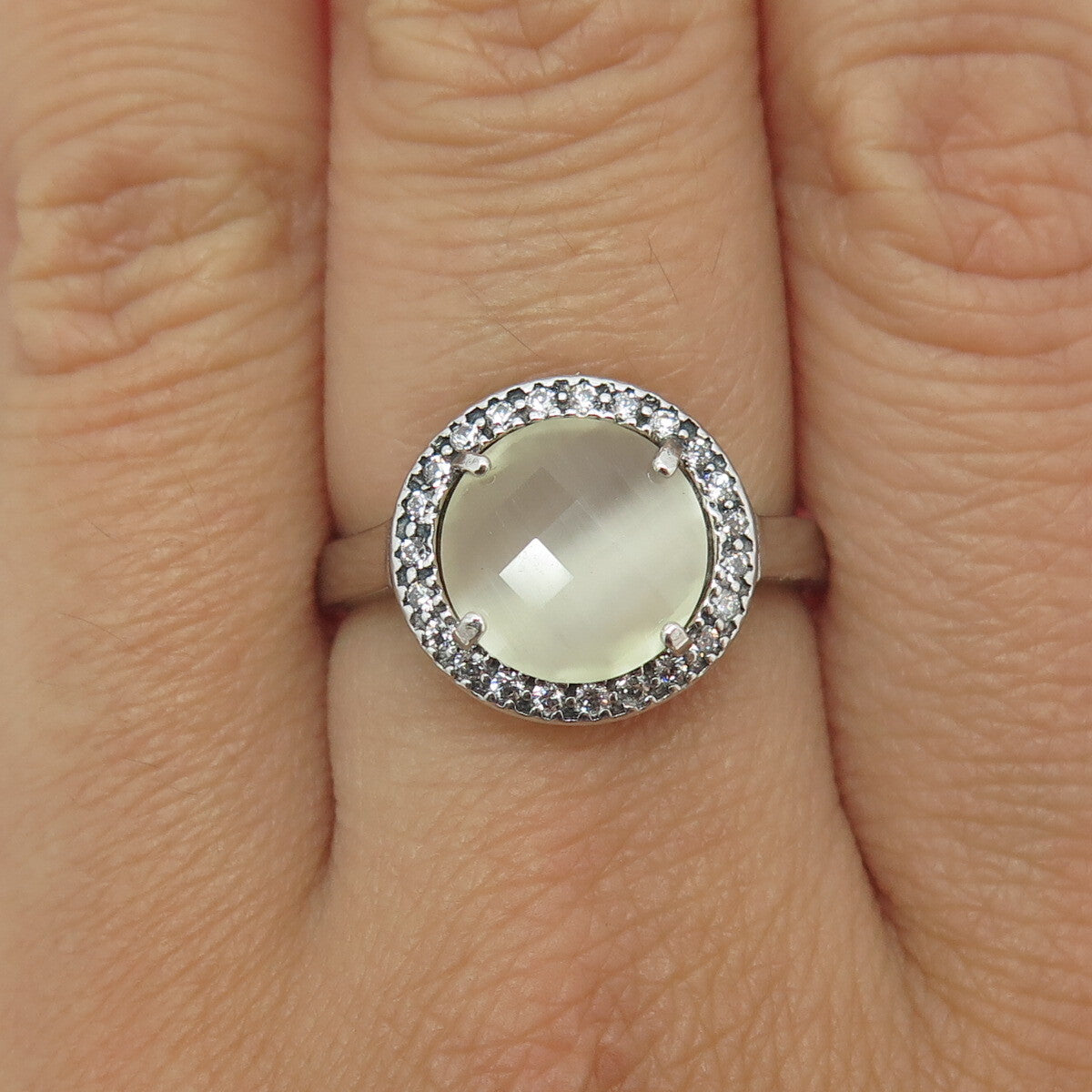 925 Sterling Silver Real Round-Cut Quartz & C Z Adjustable Ring Size 8