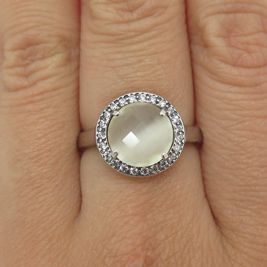 925 Sterling Silver Real Round-Cut Quartz & C Z Adjustable Ring Size 8