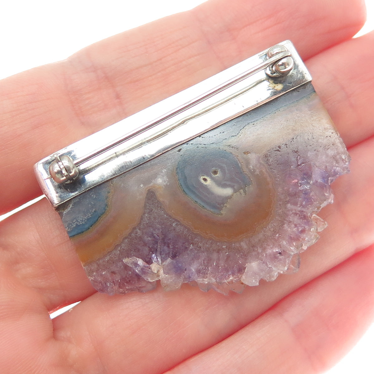 KRIS PERRY Sterling Silver Vintage 1988 Real Agate & Ametrine Modernist Brooch