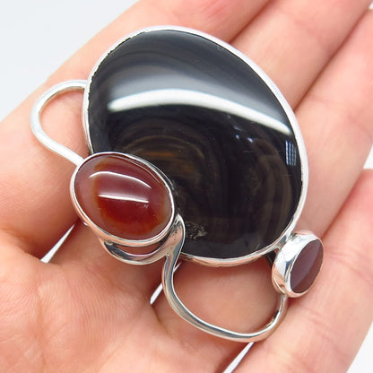 925 Sterling Silver Vintage Real Carnelian & Black Agate Gemstone Pin Brooch