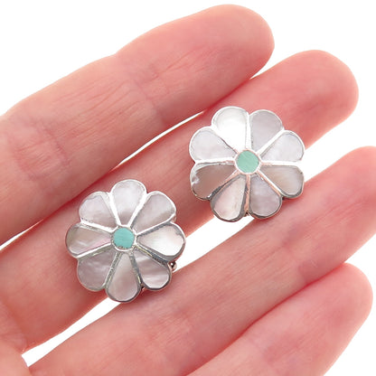 Old Pawn Sterling Silver Vintage MOP & Turquoise Floral Tribal Clip On Earrings