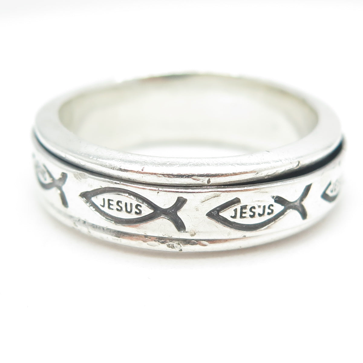 925 Sterling Silver Vintage Jesus Ichthys Religious Rotating Band Ring Size 13.5