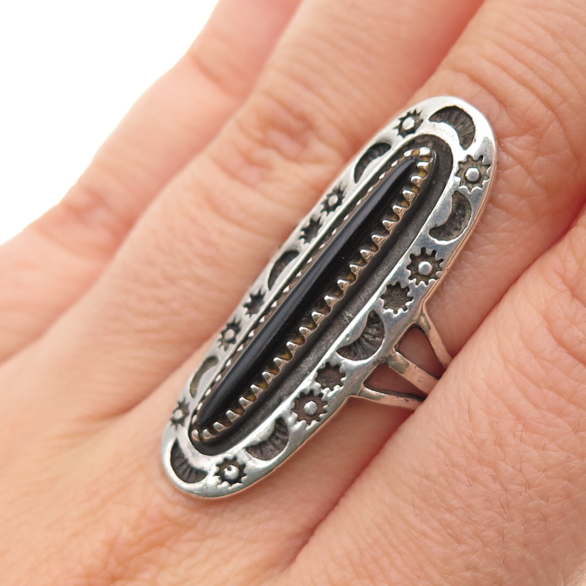 925 Sterling Silver Vintage Southwestern Real Black Onyx Moon & Sun Ring Size 7