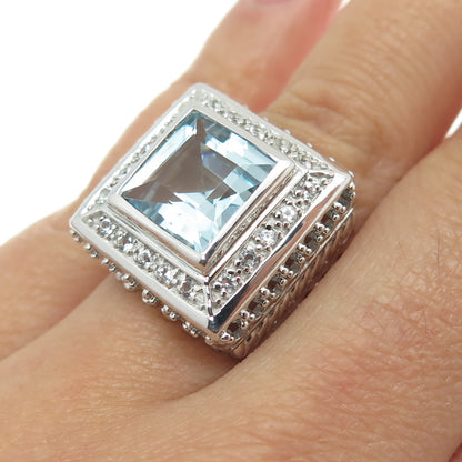925 Sterling Silver Real Princess-Cut Blue & Round-Cut White Topaz Ring Size 7