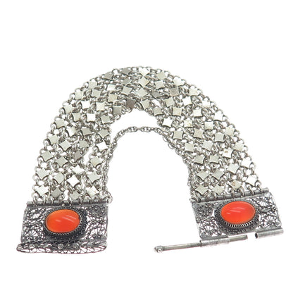 925 Sterling Silver Antique Real Carnelian Filigree Mesh Link Bracelet 6.75"