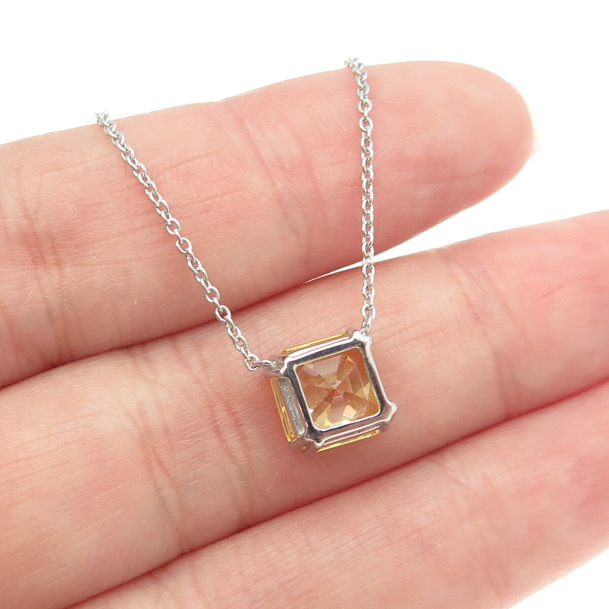 925 Sterling Silver Cushion-Cut Shaped Lemon C Z Rolo Chain Necklace 18"