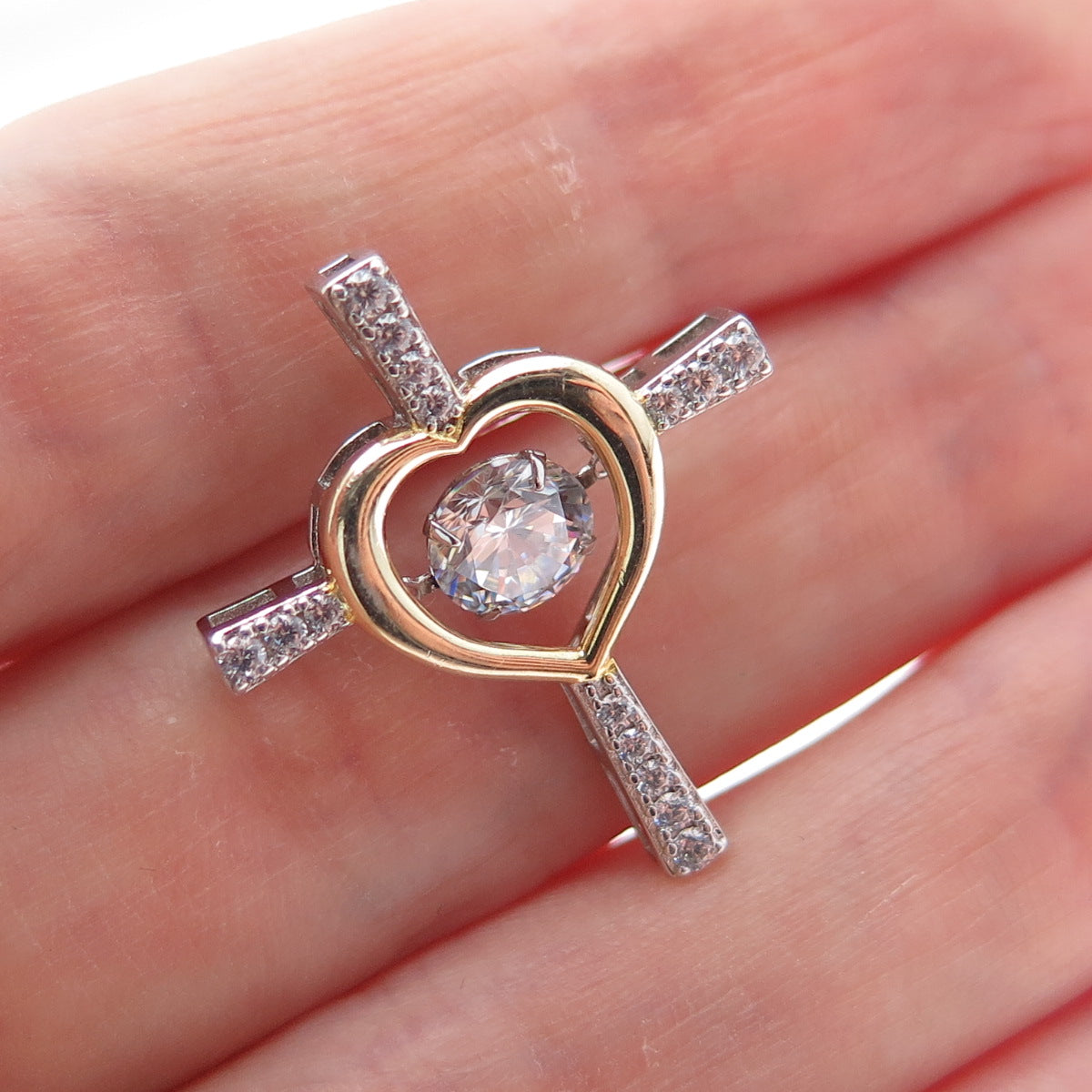 925 Sterling Silver 2-Tone Round-Cut C Z Heart Cross Minimalist Slide Pendant