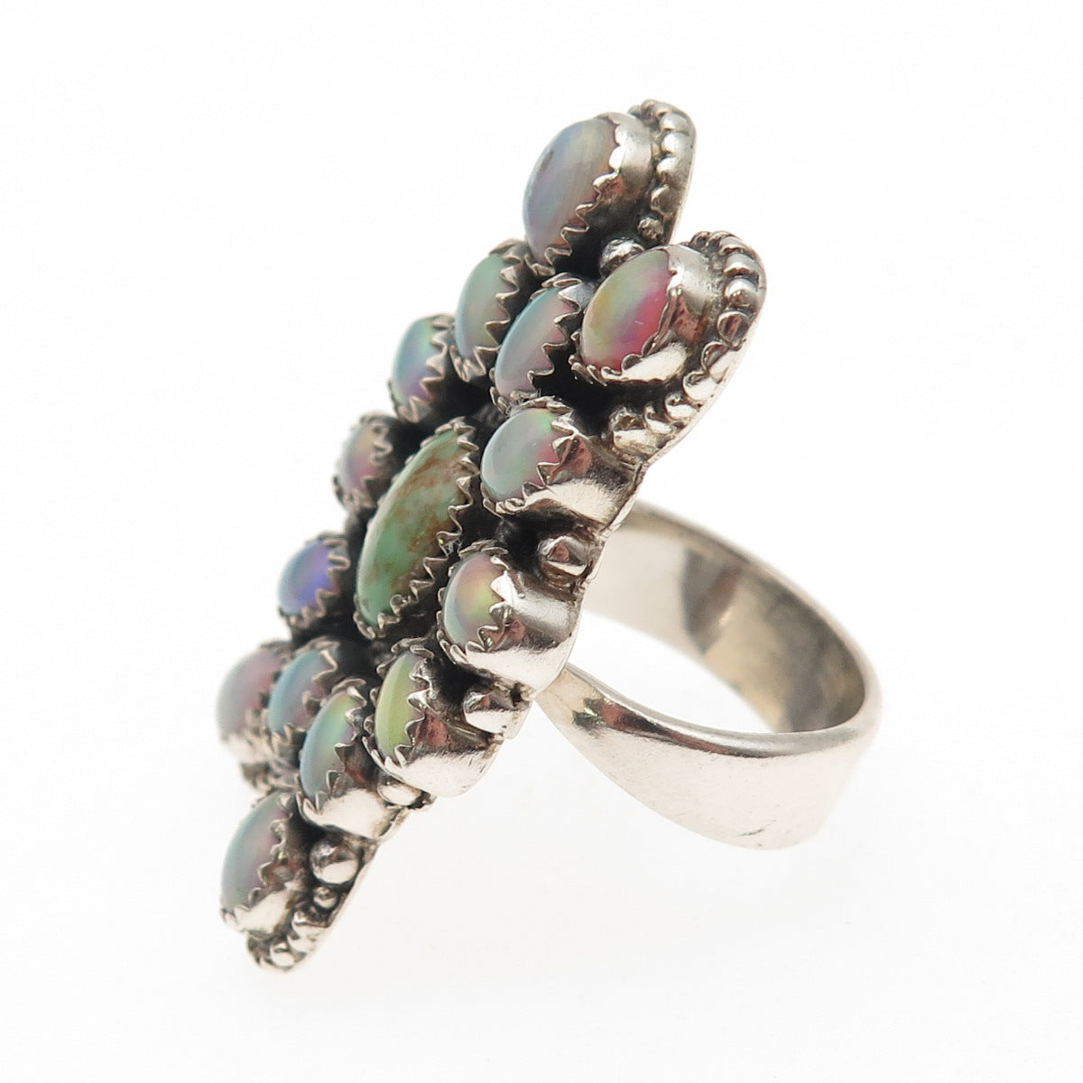 925 Sterling Silver Vintage Real Turquoise & Opal Adjustable Ring Size 7.5