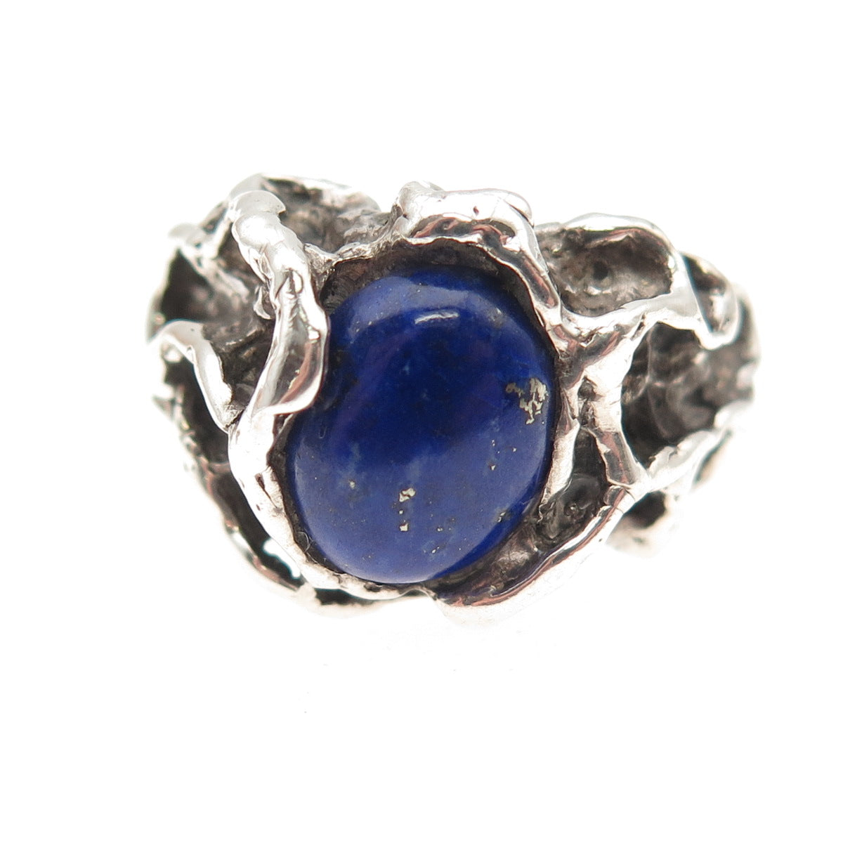 925 Sterling Silver Vintage Real Lapis Modernist Oxidized Ring Size 9