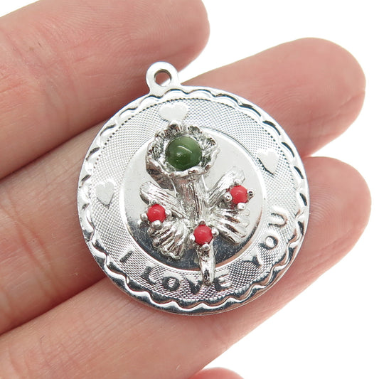 ELCO 925 Sterling Silver Vintage Real Coral & Peridot Gem "I Love You" Pendant