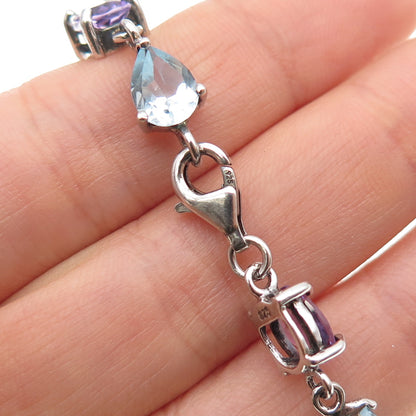 925 Sterling Silver Vintage Oval-Cut Amethyst & Pear-Cut Blue Topaz Bracelet 7"
