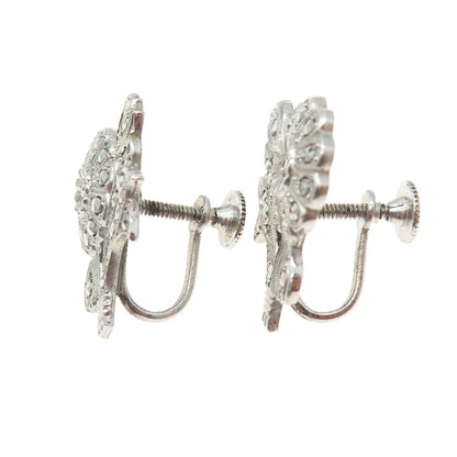 925 Sterling Silver Antique Art Deco Marcasite Gem Floral Screw Back Earrings