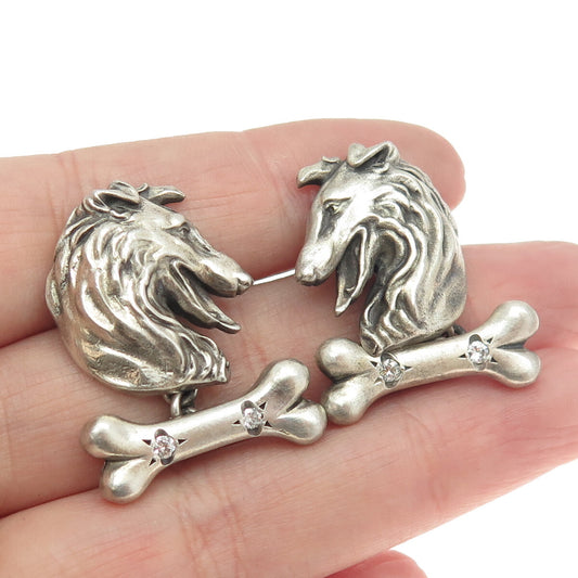925 Sterling Silver Vintage Real Round-Cut White Diamond Collie Dog Cufflinks