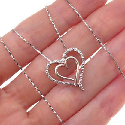 925 Sterling Silver 2-Tone Real Diamond Double Heart Box Chain Necklace 18"