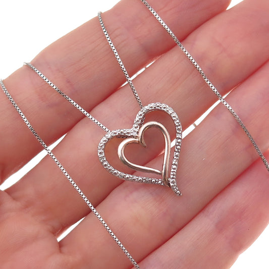 925 Sterling Silver 2-Tone Real Diamond Double Heart Box Chain Necklace 18"