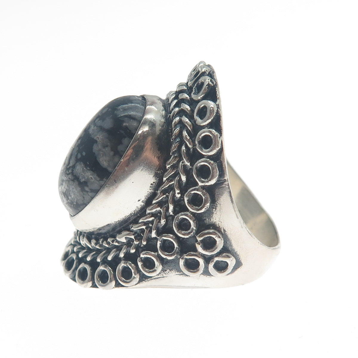 925 Sterling Silver Vintage Snowflake Obsidian Circle Link Oxidized Ring Size 9