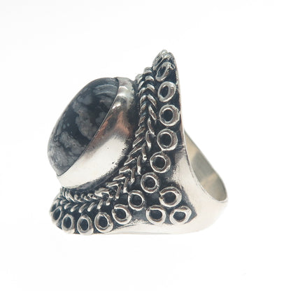 925 Sterling Silver Vintage Snowflake Obsidian Circle Link Oxidized Ring Size 9