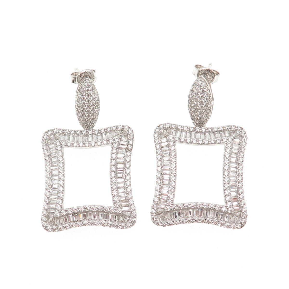 925 Sterling Silver Tapered Baguette & Round-Cut C Z Dangle Earrings