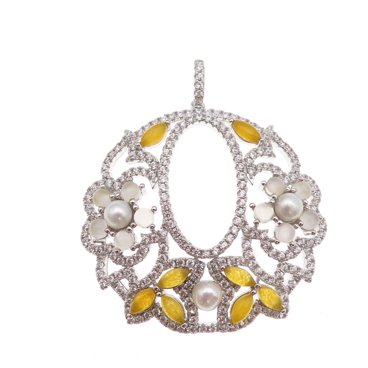 925 Sterling Silver Faux Pearl & Multi-Color C Z Floral Pendant