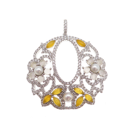 925 Sterling Silver Faux Pearl & Multi-Color C Z Floral Pendant