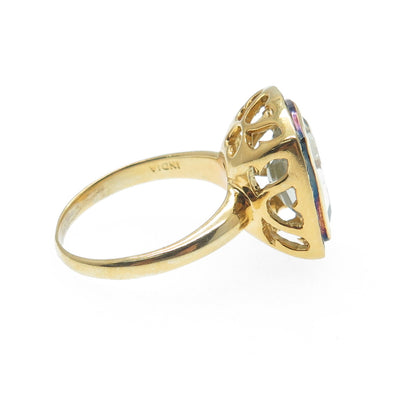 925 Sterling Silver Gold Plated Real Diamond & Green Amethyst Ring Size 7.75