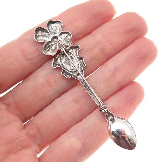 925 Sterling Silver Antique Art Deco Clover Salt & Spices Spoon Pin Brooch
