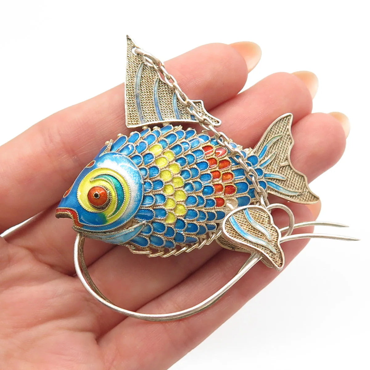925 Sterling Silver Antique Enamel Chinese Koi Fish Articulated Chatelaine Fob