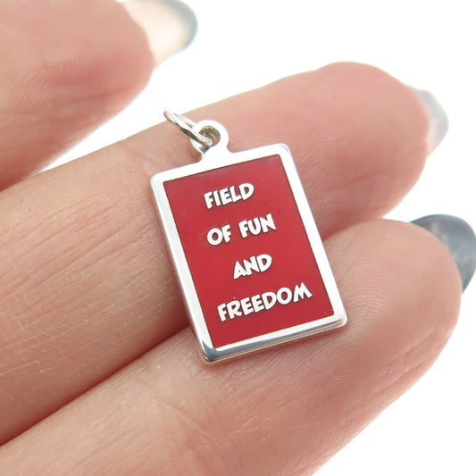 925 Sterling Silver Red Enamel "Field Of Fun & Freedom" Minimalist Charm Pendant