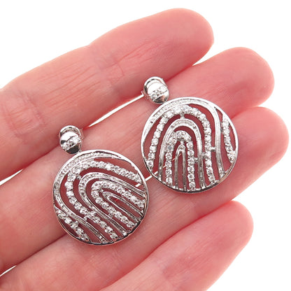925 Sterling Silver Round-Cut C Z Fingerprint Disc Dangle Earrings