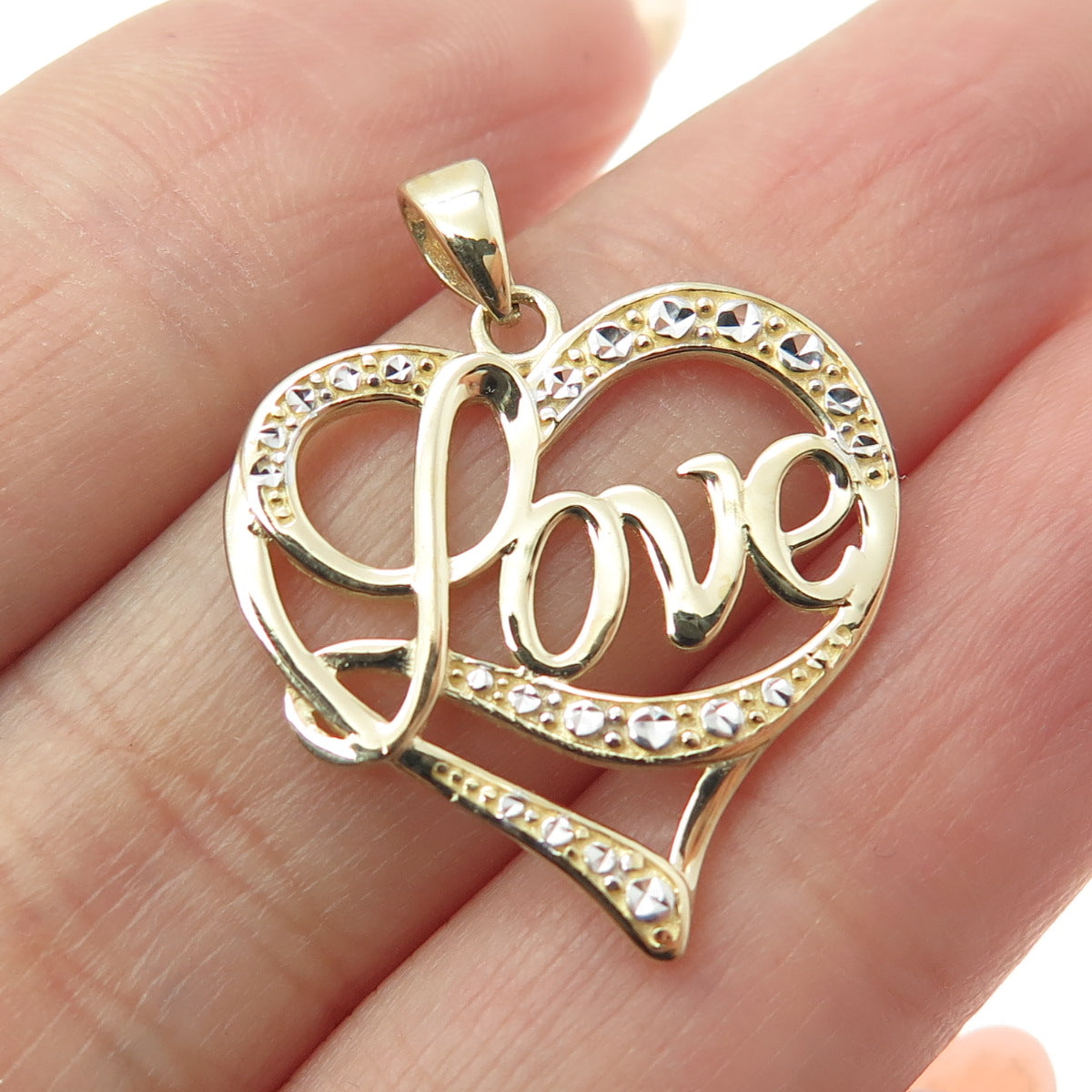 14K Yellow & White Gold Diamond-Cut "Love" Heart Minimalist Charm Pendant