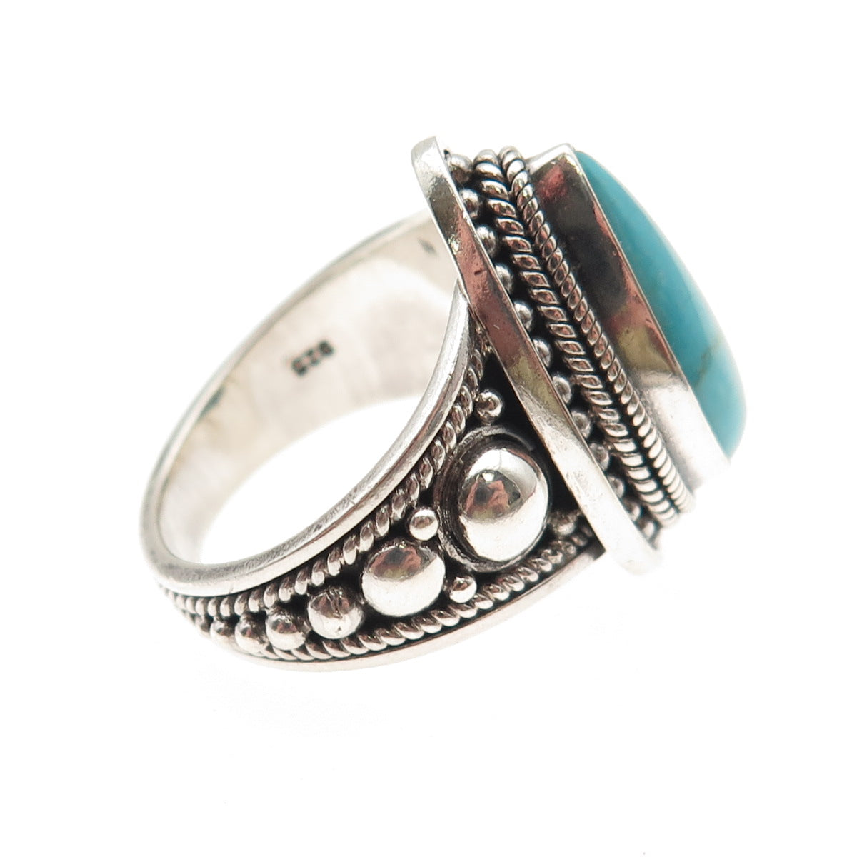 925 Sterling Silver Vintage Real Lone Mountain Turquoise Beaded Ring Size 8.75