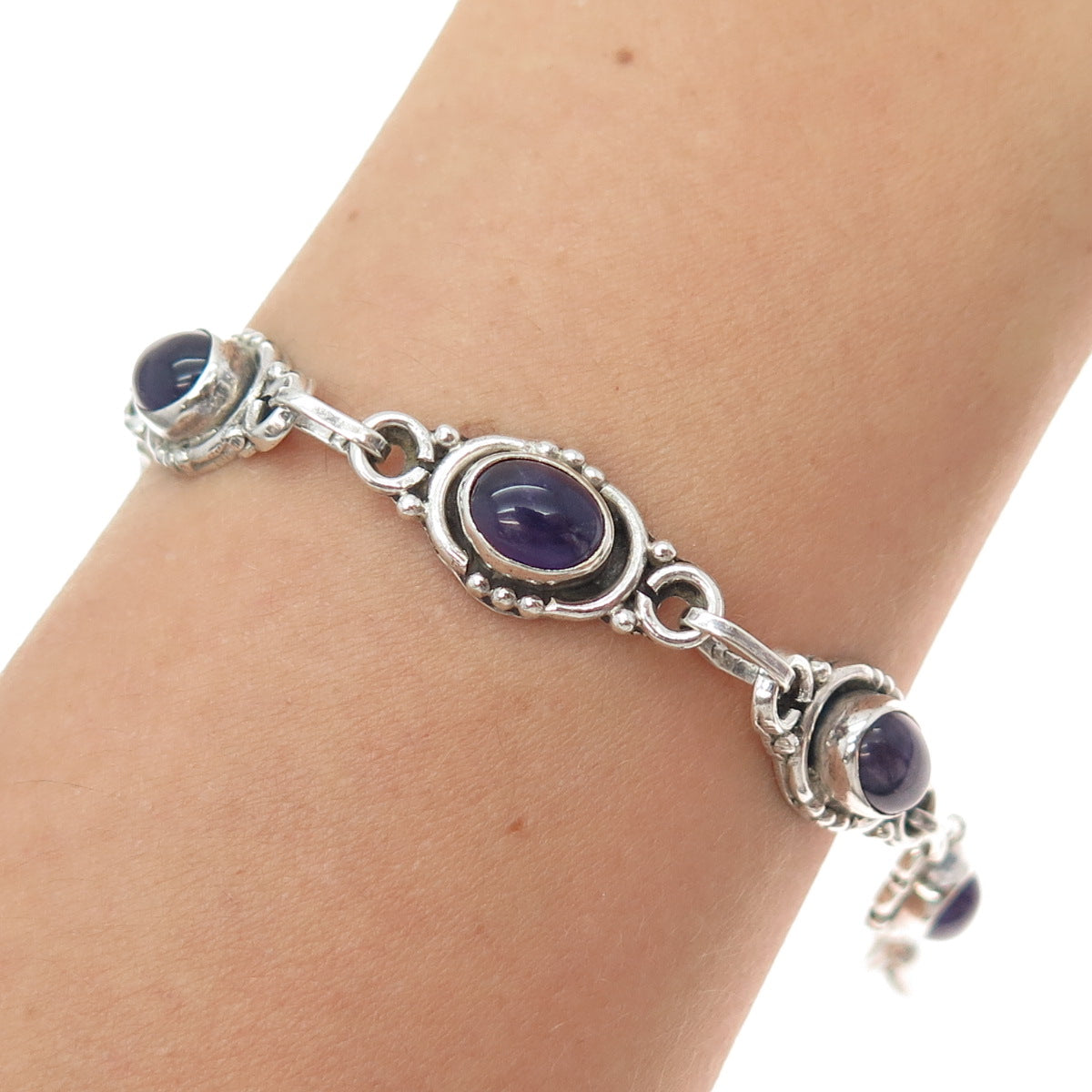 925 Sterling Silver Vintage Real Cabochon Amethyst Bracelet 6.5-7.5"